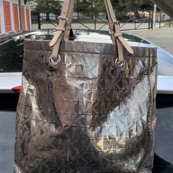 Michael Kors Gray Coated Leather MK Printed Double Handle Tote Bag 