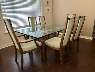 Hollywood Regency Faux Bamboo With Brass Details, Glass Dining Table With 6 Matching Chairs