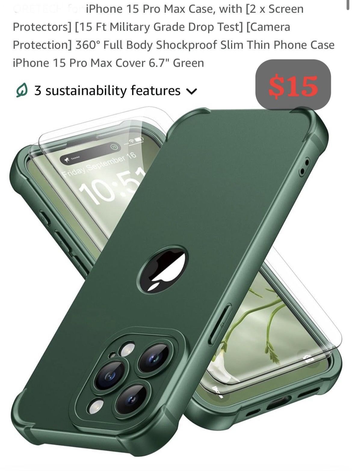 iPhone 15 Pro Max Case, with [2 x Screen Protectors] [15 Ft Military Grade Drop Test] [Camera