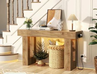 4 7'' Farmhouse Console Table with Power Outlets and Motion Sensor Light, Wooden Entryway Table Sofa Table for Entrance, Hallway, Living Room