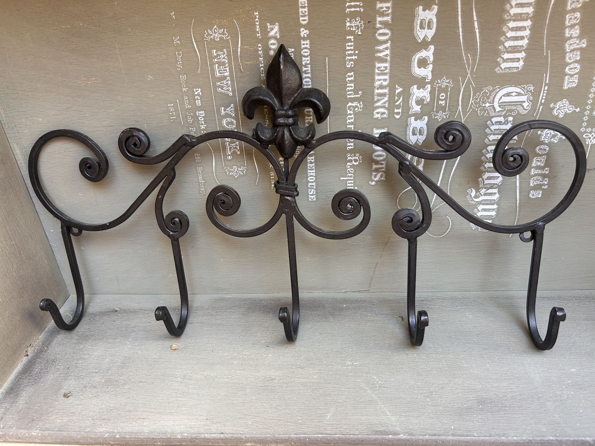 Wrought Iron Wall Mount Coat Rack With 5 Hooks Fleur De Lis Scroll Accent