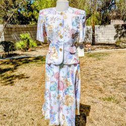 Vintage Stuart Alan Petites 6p Floral Pastel Peplum 2-pc USA made Skirt Set NOS