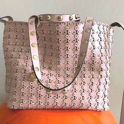 RED VALENTINO Red V flower puzzle studded laser-cut faux leather tote in pink