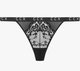 CCX Signature Hi Thong Panties Black Lace Mesh Floral Logo Waistband 18/20
