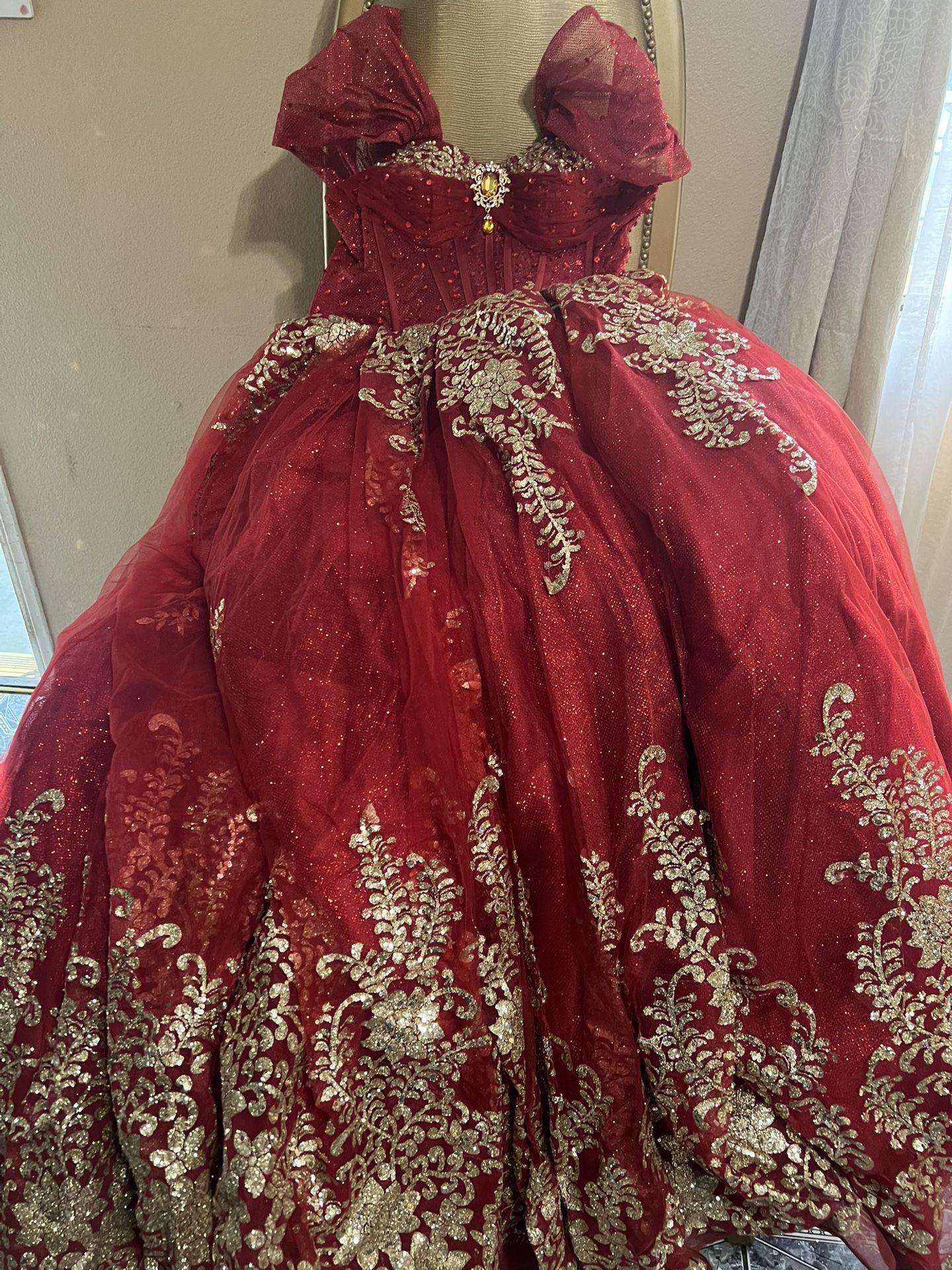 Quinceañera Dress Red/Burgundy With Gold