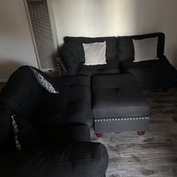 Black Studded Couch with Ottoman and 4 Pillows