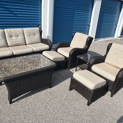 HERITAGE 7PC PATIO RESIN WICKER SOFA CHAIRS TABLE OTTOMAN