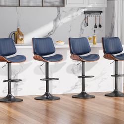 Four Blue Navy Swivel Bar Stools Set 4 Adjustable Kitchen Counter Modern Leather Upholstered Chair wood 