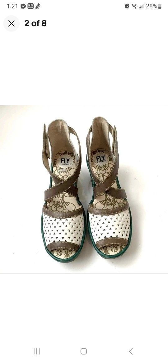 FLY London white perforated wedge Sandal, 40/9.5