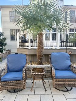 Brand New Oversized Outdoor Swivel Rocker Chairs Set 3 Piece with 1 Table and 2 Rocking & Swivel Chairs Support 350lbs Navy Blue Wicker Outdoor Furnit