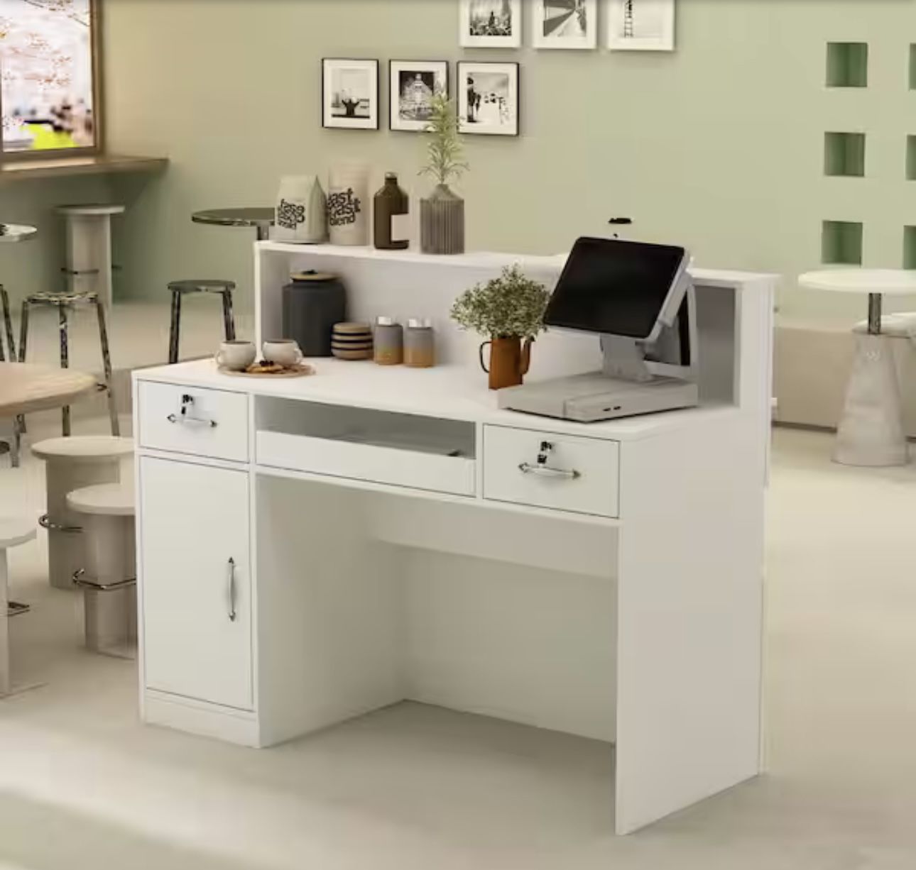 47.2" W : Wooden Computer Desk White Finish with 2-Drawer, Keyboard Tray and Eco-Friendly Paint Finish