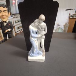 Glazed Porcelain Figurine Of A Loving Couple Embracing-Represents Love, Affection & Intimacy, Cream W/Light Blue, Occupied Mid 20th Century 
