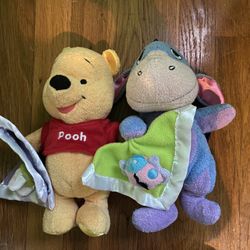 Disney My First Winnie The Pooh & Eeyore 9” Plush Rattle  Blanket With Bee Lot