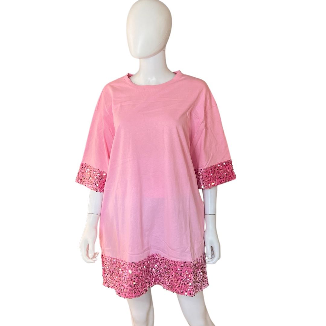 Fantastic Fawn Pink Sequin Accent Tunic Dress Sz Large