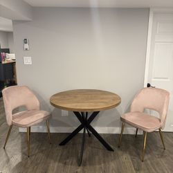 3 Piece Dining Set- Brown Round Wood Table With Two Pink Chairs