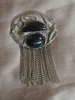 Vintage Silver Tone Modernist Brutalist Waterfall Brooche W/ Black Stones