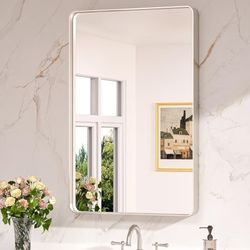 Brushed Nickel Mirror 24” x 36” Silver Bathroom Mirror for Over Sink, Rounded Rectangle Farmhouse Vanity Mirror with Metal Frame, HD Tempered Glass De
