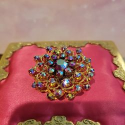 Vintage Purple AB Crystal Rhinestone Flower Brooch Pin Goldtone Prong 2" 
