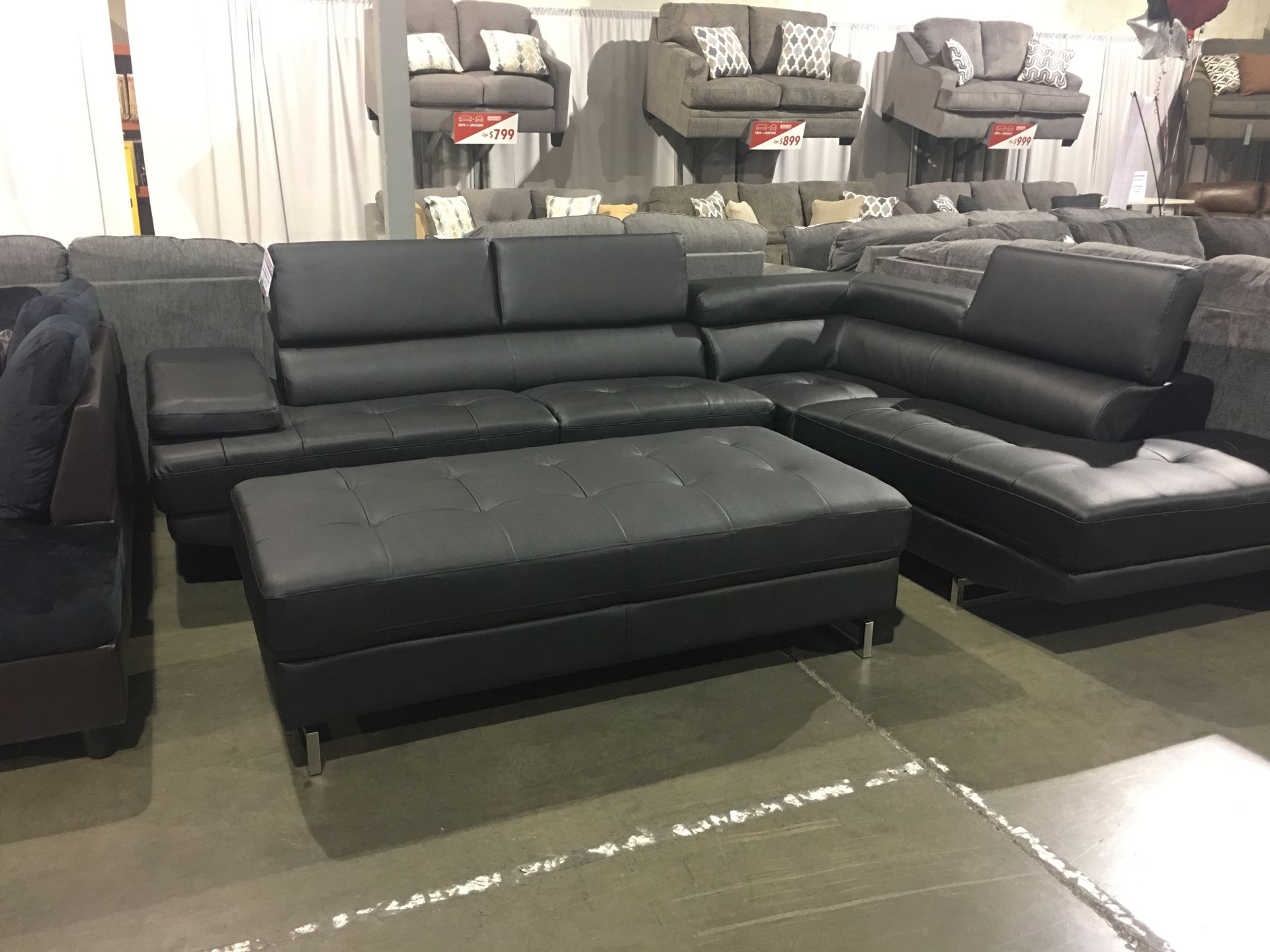 Black Leather 2Pc Sectional with Ottoman Sale
