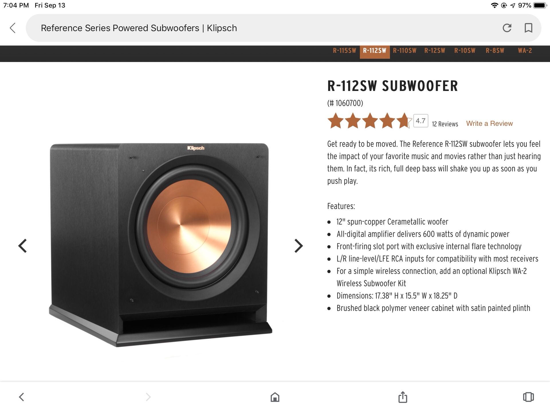 Klipsch R-112SW Subwoofers (Two)