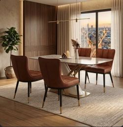 Set of 4 Brown Faux Leather Dining Chairs – Metal Frame, Modern, Fully Assembled