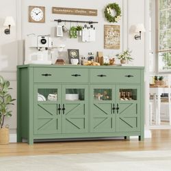 Farmhouse 55.1"W Kitchen Buffet Cabinet with Storage Drawer & Adjustable Shelf, Glass Door Wood Sideboard Credenza Coffee Bar with for Dining Room Liv