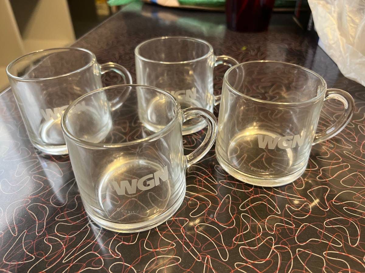 Vintage Clear Set of 4 Garrick Glass Chicago WGN Coffee Tea Mugs