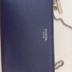 Sorial New York Saffiano Crossbody Purse, Blue Leather, Silver Chain