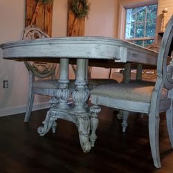 Solid Wood Distressed Dinning Table With Extra Table Leaf And 6 Chairs 