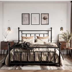 SHA CERLIN 14" Full Size Metal Platform Bed Frame Victorian Headboard and Footboard/Steel Slats Mattress Foundation for Storage/No Box Spring Needed/N