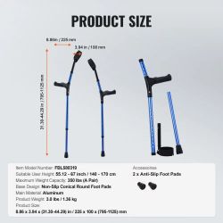 Forearm Crutches for Adults, 11-Level Height Adjustable Walking Crutches with 4-Level Upper Cuff, Lightweight Aluminum Medical Support Crutches for Le
