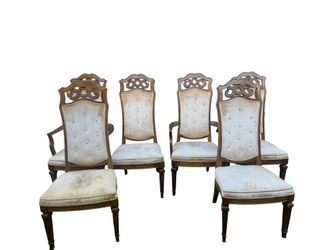 Vintage 6 Pc Dining Chair Set 2 Arm Chairs 4 Side Chairs Carved Wood Tufted