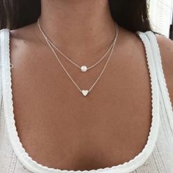 Silver Pearl Heart Multilayered Necklace