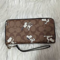 Coach Signature C Snoopy Coated Canvas Smooth Leather Long Wristlet Wallet