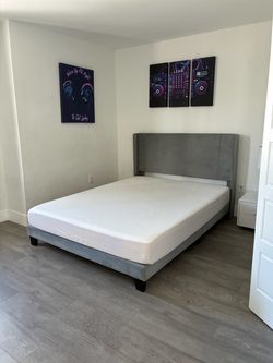 Gray Velvet Queen Bed Frame with Headboard