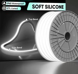 66Ft GZBtech 110-120V LED Neon Rope Lights 66FT/20M, 3D Top & Side Free Bend 6000K Cool White Silicone Neon Strip Light, 122+LM/FT Diver-Free IP65 Wat