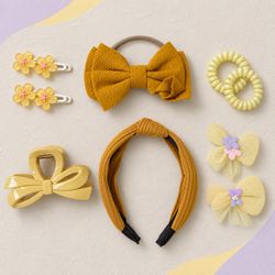 8PCSYellow Bow Hair Accessory Set, 3.5in Plastic/Fabric Clips Scrunchie Headband