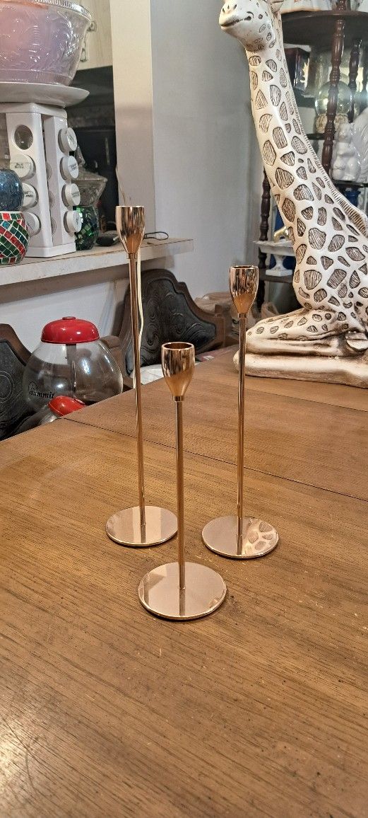 "NEW " Out Of Box Awesome Set Of 3 Shiny Gold Taper Candle Holders ...