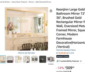 Large Gold Bathroom Mirror 72" x 36" NEW