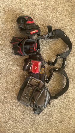 Electrician tool belt rig — Rack-A-Tiers/Klein belt, Husky suspenders, MagnoGrip + Bauer pouches