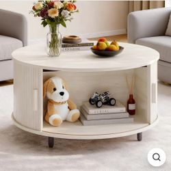 31.5" Round Storage Coffee Table, Fluted Wood Coffee Table with Adjustable Footpads and 360° Curved Sliding Door