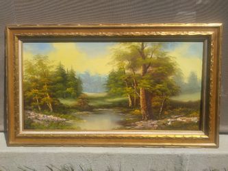 56" X 32" Beautiful Nature Scene Landscape Painting Trees Framed