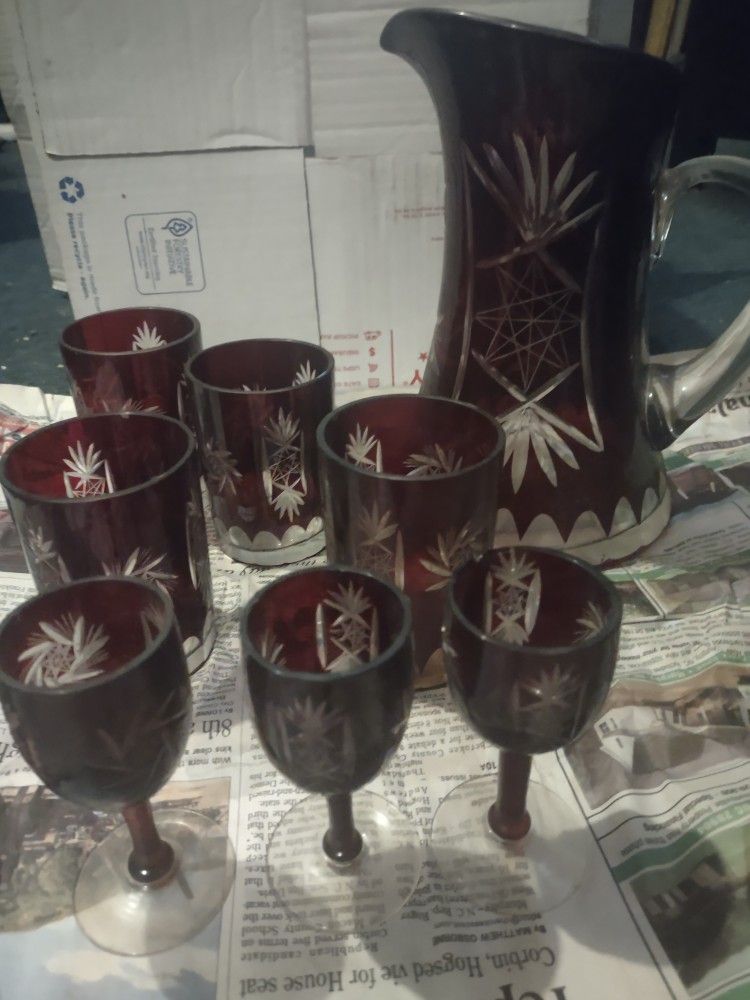 Vintage Czech Bohemian Red Crystal Pitcher And Glass Set
