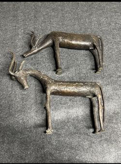 Pair West African Lost Wax Cast Solid Bronze Antelope Sculptures 14” Heavy