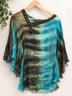 Designer Art-to-Wear Sheer Tie-Dye Blouse | Asymmetrical Grommet Detail | Turquoise & Charcoal Top