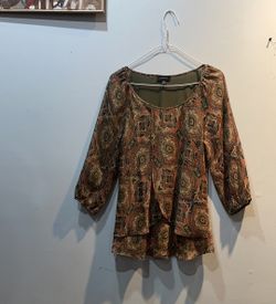 Relaxed Asymmetrical Medium Brown & Orange Dolman Sleeve Top
