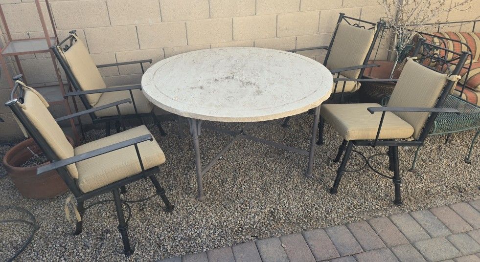 $400 ARIZONA IRON 4 SWIVEL CHAIRS AND BIG TABLE WITH SUNBRELLA CUSHIONS