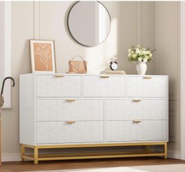 White 7-Drawer Dresser with Gold Base