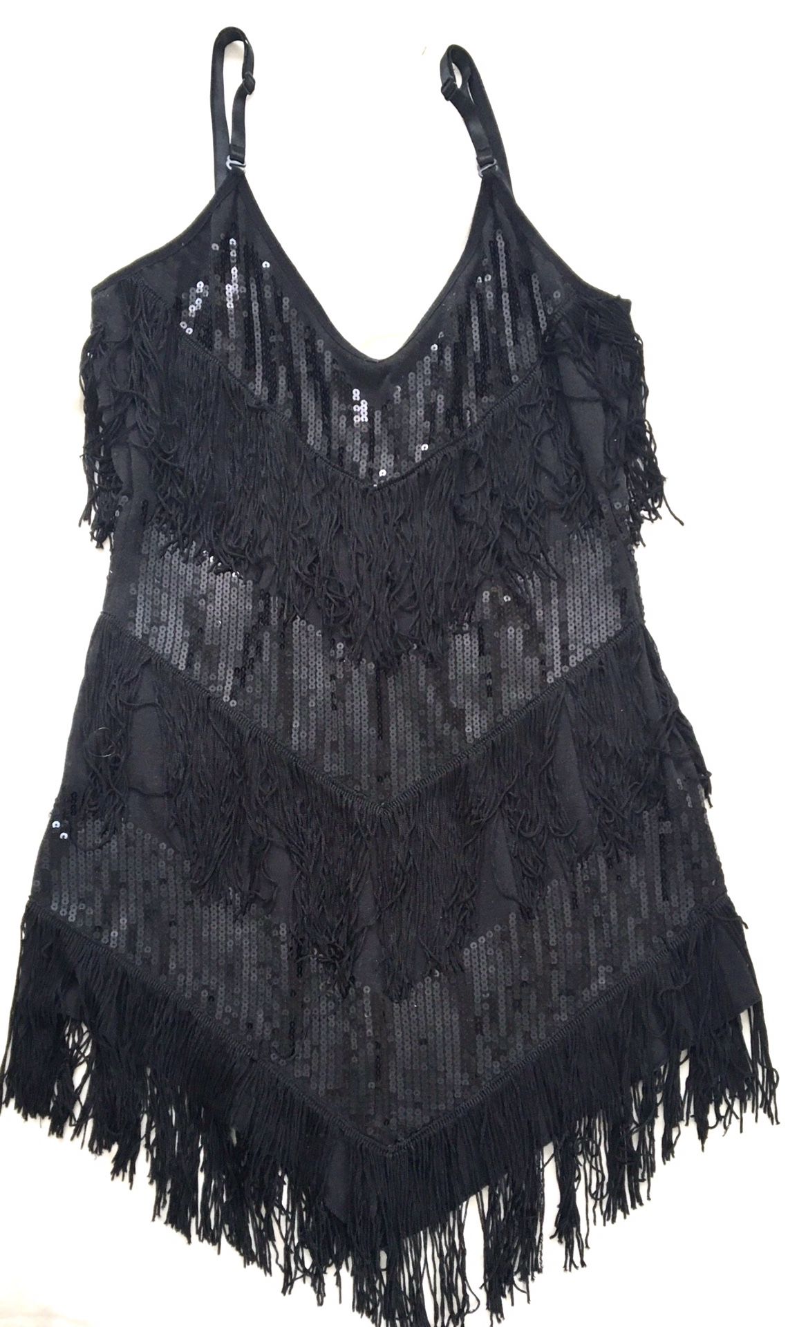 Leg Avenue Women's Black V Neck Fringe + Sequin Flapper Dress w/Scoop Back; Sz M