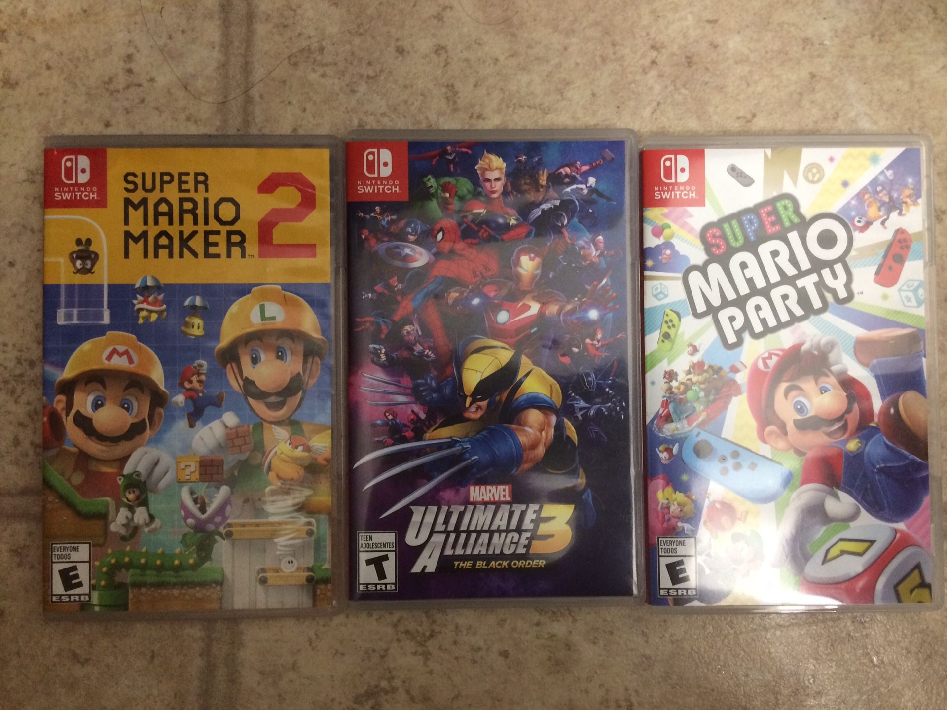 Super Mario Maker 2, Marvel Ultimate Alliance 3, Super Mario Party $40 each or take all for 100